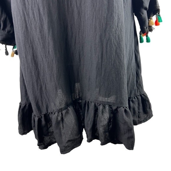 a Shappe Black Boho Tunic Top Blouse Small/Medium Tassels Green Yellow Orange - Picture 5 of 9